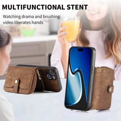 ELECTROPRIME For iPhone 15 Crossbody Multi-function Zipper Wallet Phone Case(Brown)