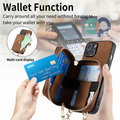 ELECTROPRIME For iPhone 15 Crossbody Multi-function Zipper Wallet Phone Case(Brown)