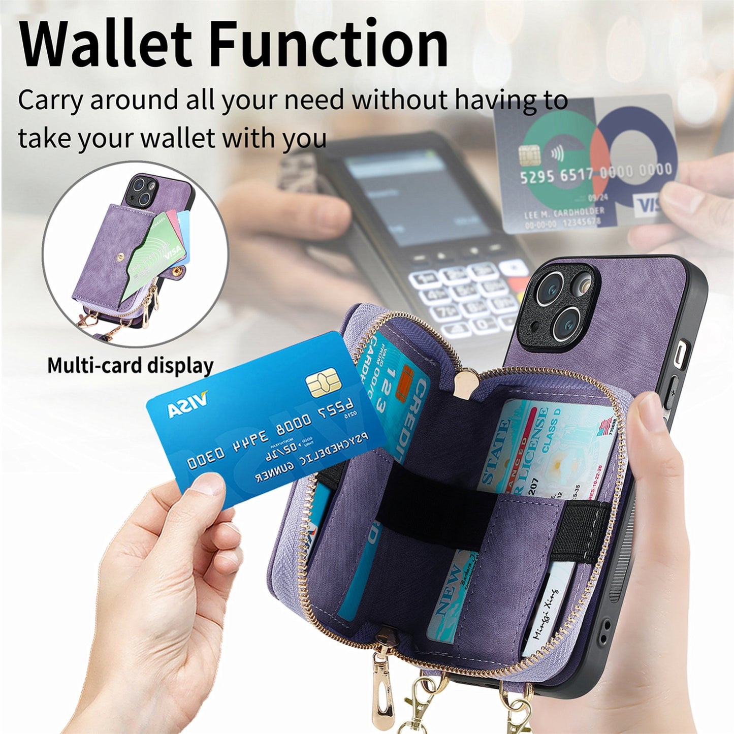 ELECTROPRIME For iPhone 15 Crossbody Multi-function Zipper Wallet Phone Case(Purple)