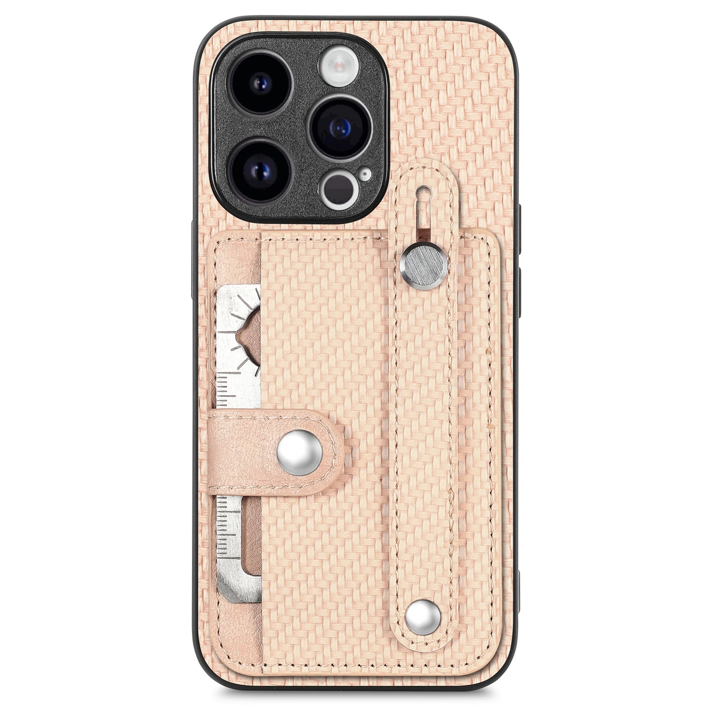 ELECTROPRIME For iPhone 15 Wristband Kickstand Card Wallet Back Phone Case with Tool Knife(Apricot)