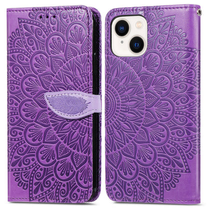 ELECTROPRIME For iPhone 15 Blooming Mandala Embossed Wings Buckle Leather Phone Case(purple)