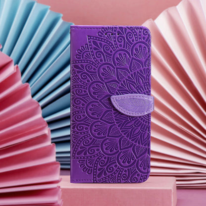 ELECTROPRIME For iPhone 15 Blooming Mandala Embossed Wings Buckle Leather Phone Case(purple)