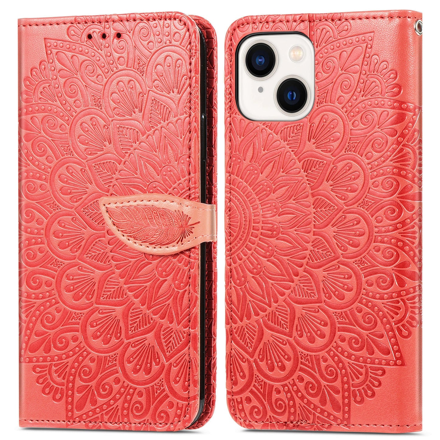 ELECTROPRIME For iPhone 15 Blooming Mandala Embossed Wings Buckle Leather Phone Case(Red)