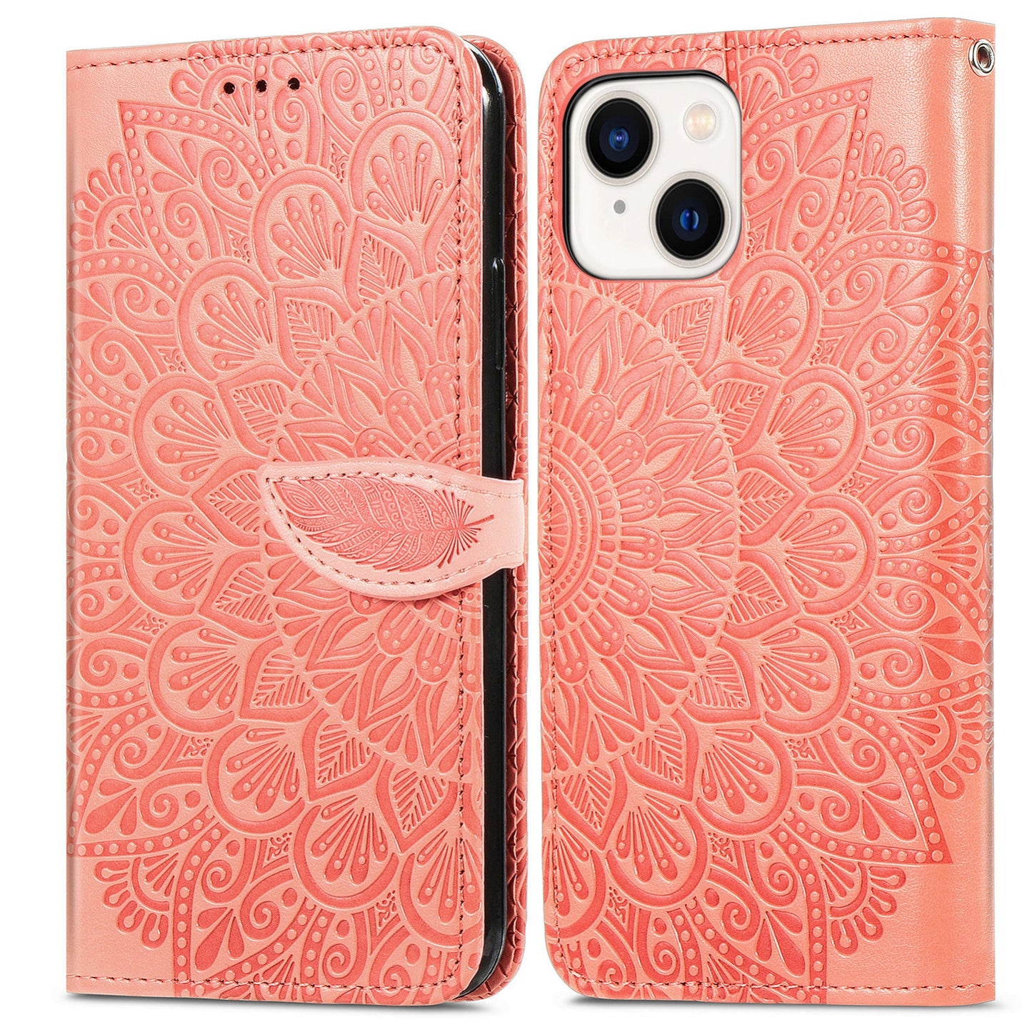 ELECTROPRIME For iPhone 15 Blooming Mandala Embossed Wings Buckle Leather Phone Case(Orange)