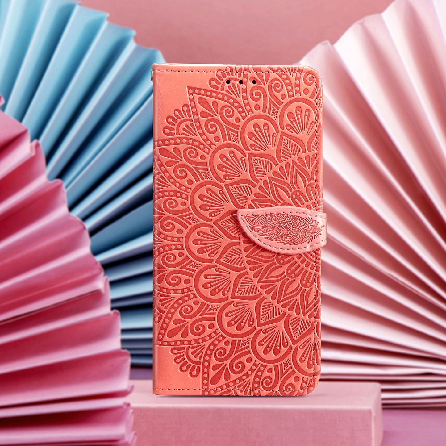 ELECTROPRIME For iPhone 15 Blooming Mandala Embossed Wings Buckle Leather Phone Case(Orange)