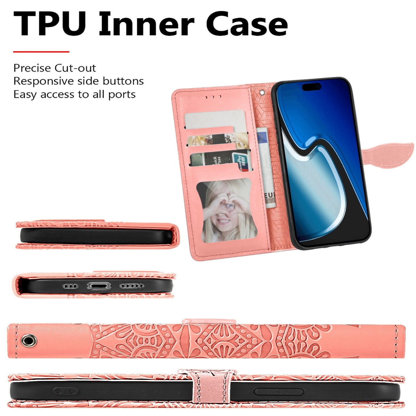 ELECTROPRIME For iPhone 15 Blooming Mandala Embossed Wings Buckle Leather Phone Case(Orange)