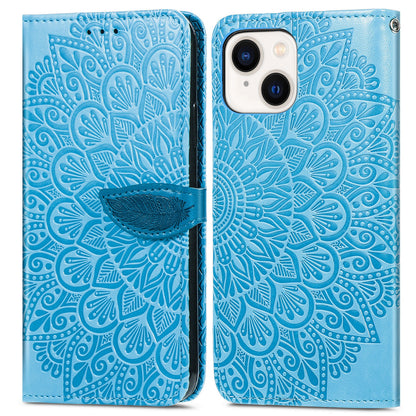 ELECTROPRIME For iPhone 15 Blooming Mandala Embossed Wings Buckle Leather Phone Case(Blue)
