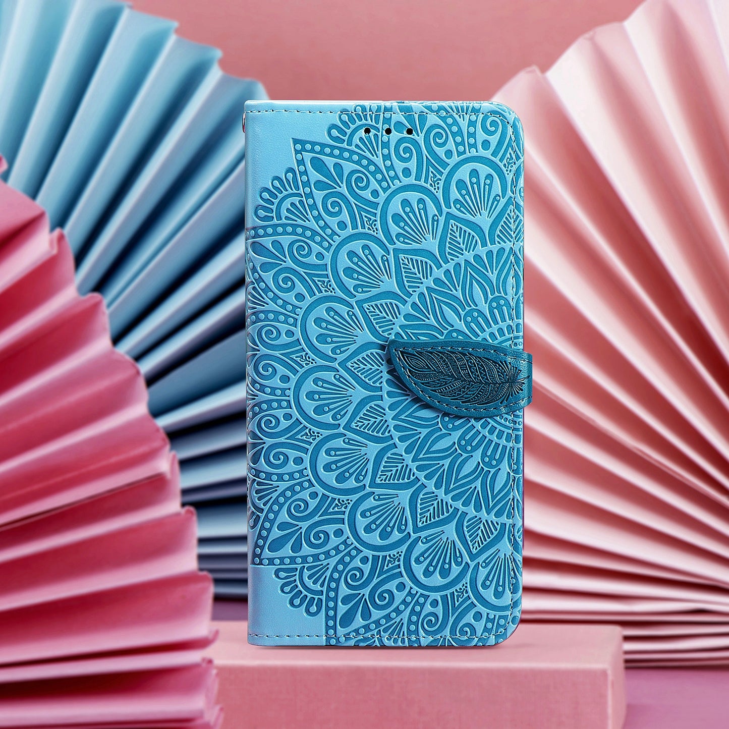 ELECTROPRIME For iPhone 15 Blooming Mandala Embossed Wings Buckle Leather Phone Case(Blue)