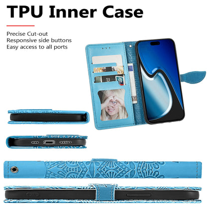 ELECTROPRIME For iPhone 15 Blooming Mandala Embossed Wings Buckle Leather Phone Case(Blue)