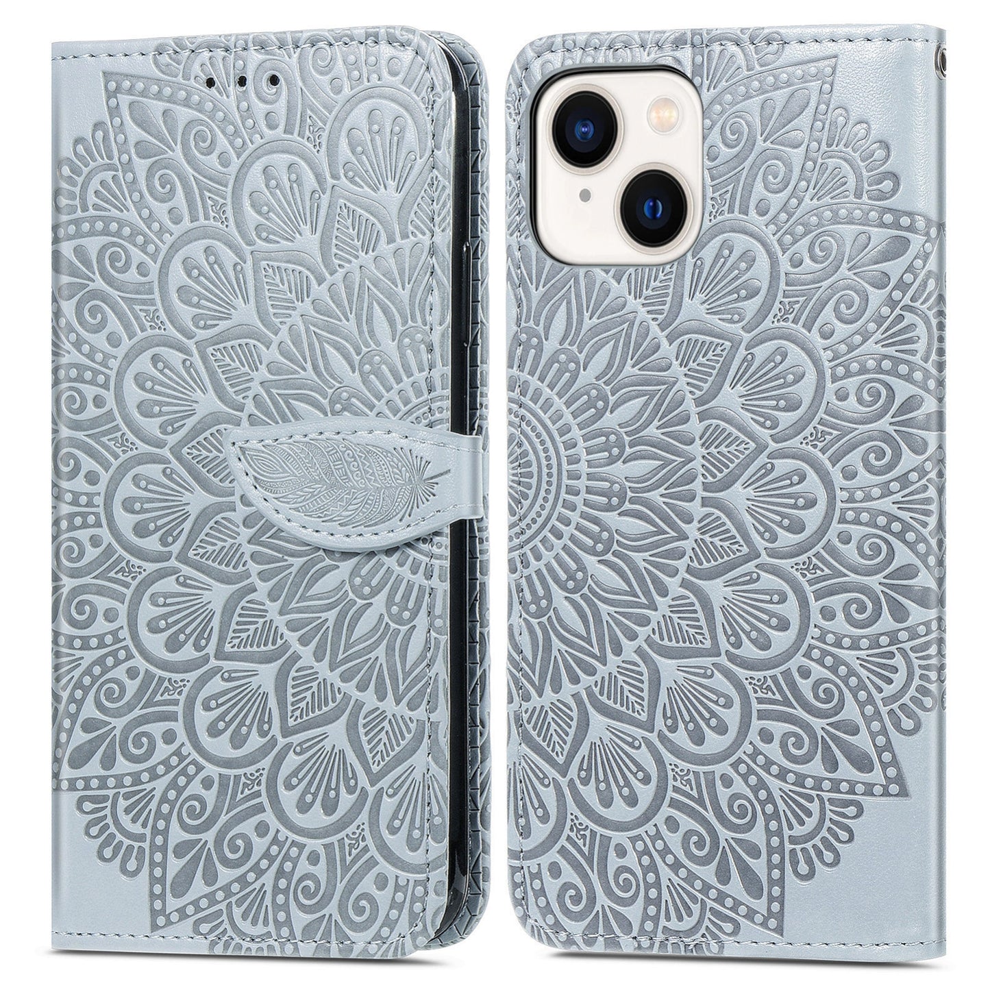 ELECTROPRIME For iPhone 15 Blooming Mandala Embossed Wings Buckle Leather Phone Case(Grey)