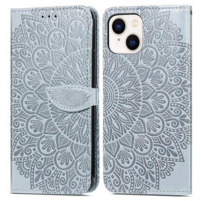ELECTROPRIME For iPhone 15 Blooming Mandala Embossed Wings Buckle Leather Phone Case(Grey)