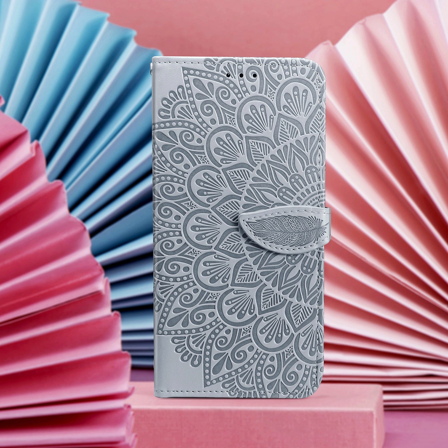ELECTROPRIME For iPhone 15 Blooming Mandala Embossed Wings Buckle Leather Phone Case(Grey)