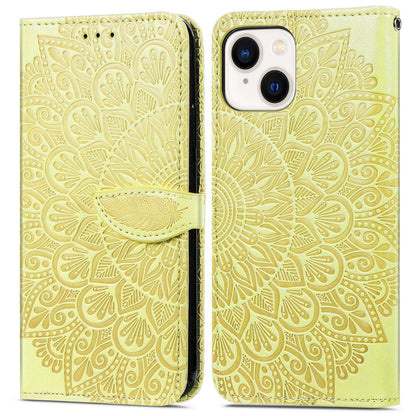 ELECTROPRIME For iPhone 15 Blooming Mandala Embossed Wings Buckle Leather Phone Case(Yellow)