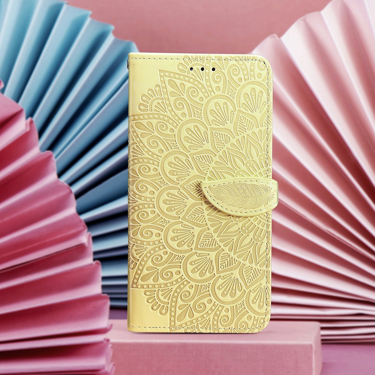 ELECTROPRIME For iPhone 15 Blooming Mandala Embossed Wings Buckle Leather Phone Case(Yellow)