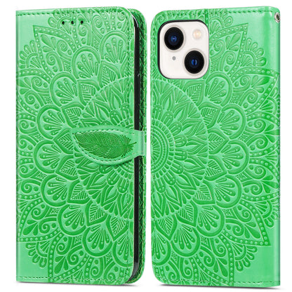 ELECTROPRIME For iPhone 15 Blooming Mandala Embossed Wings Buckle Leather Phone Case(Green)