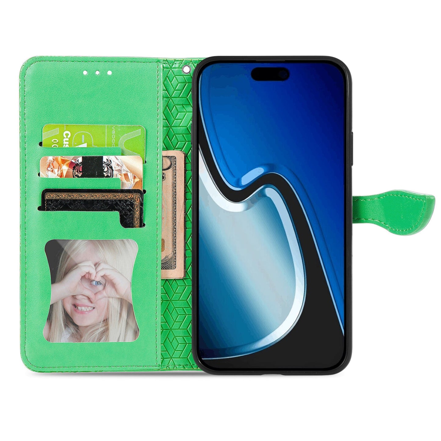ELECTROPRIME For iPhone 15 Blooming Mandala Embossed Wings Buckle Leather Phone Case(Green)
