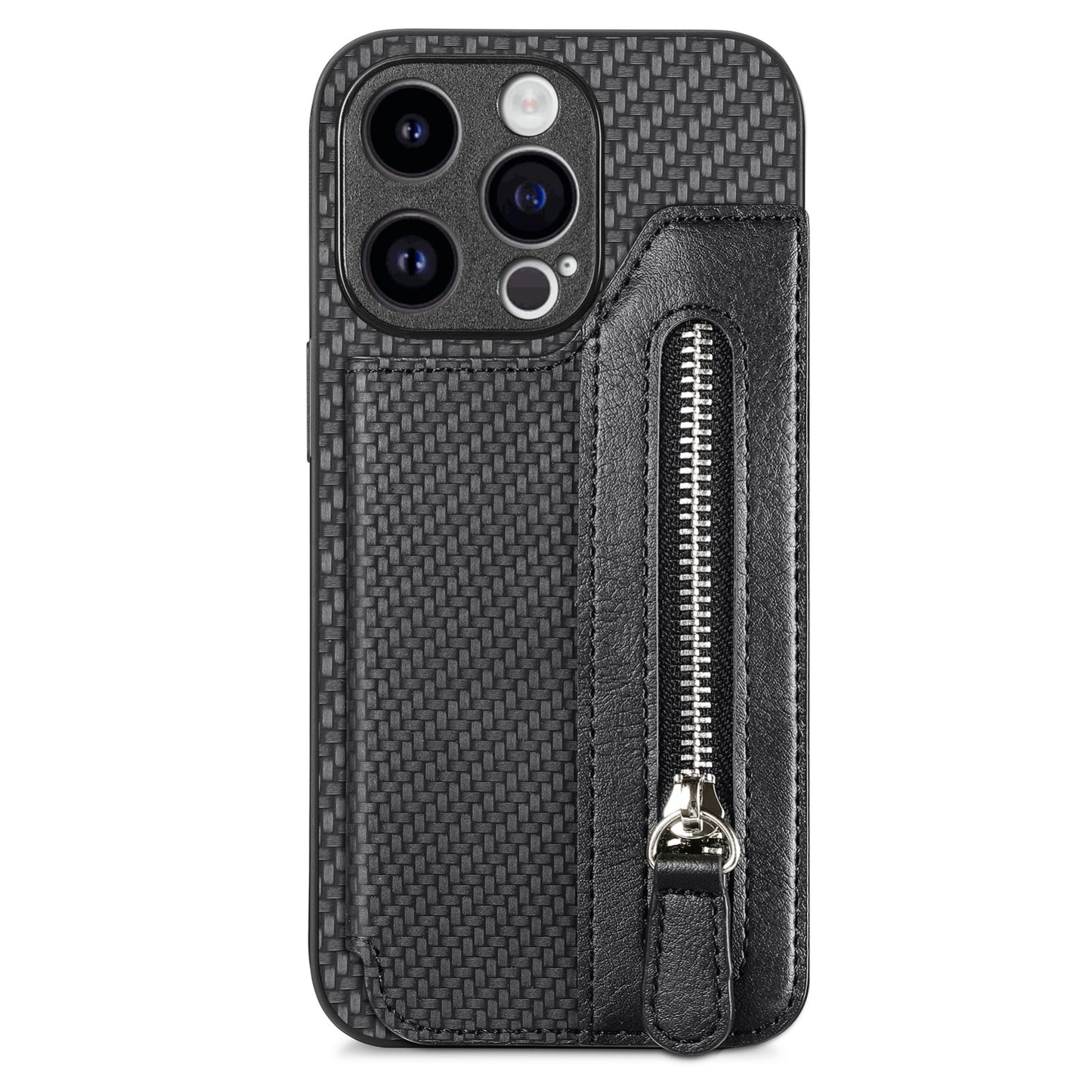 ELECTROPRIME For iPhone 15 Carbon Fiber Horizontal Flip Zipper Wallet Phone Case(Black)