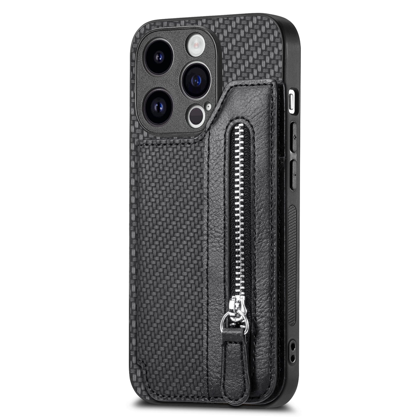 ELECTROPRIME For iPhone 15 Carbon Fiber Horizontal Flip Zipper Wallet Phone Case(Black)