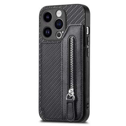 ELECTROPRIME For iPhone 15 Carbon Fiber Horizontal Flip Zipper Wallet Phone Case(Black)