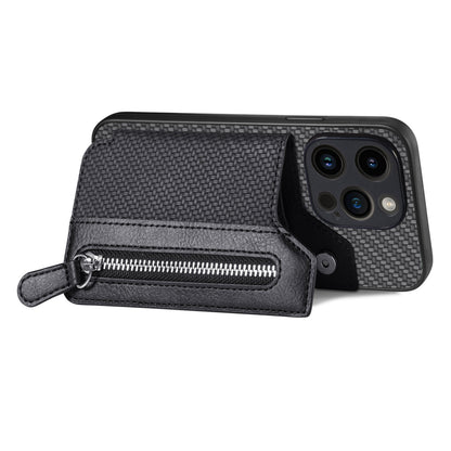 ELECTROPRIME For iPhone 15 Carbon Fiber Horizontal Flip Zipper Wallet Phone Case(Black)