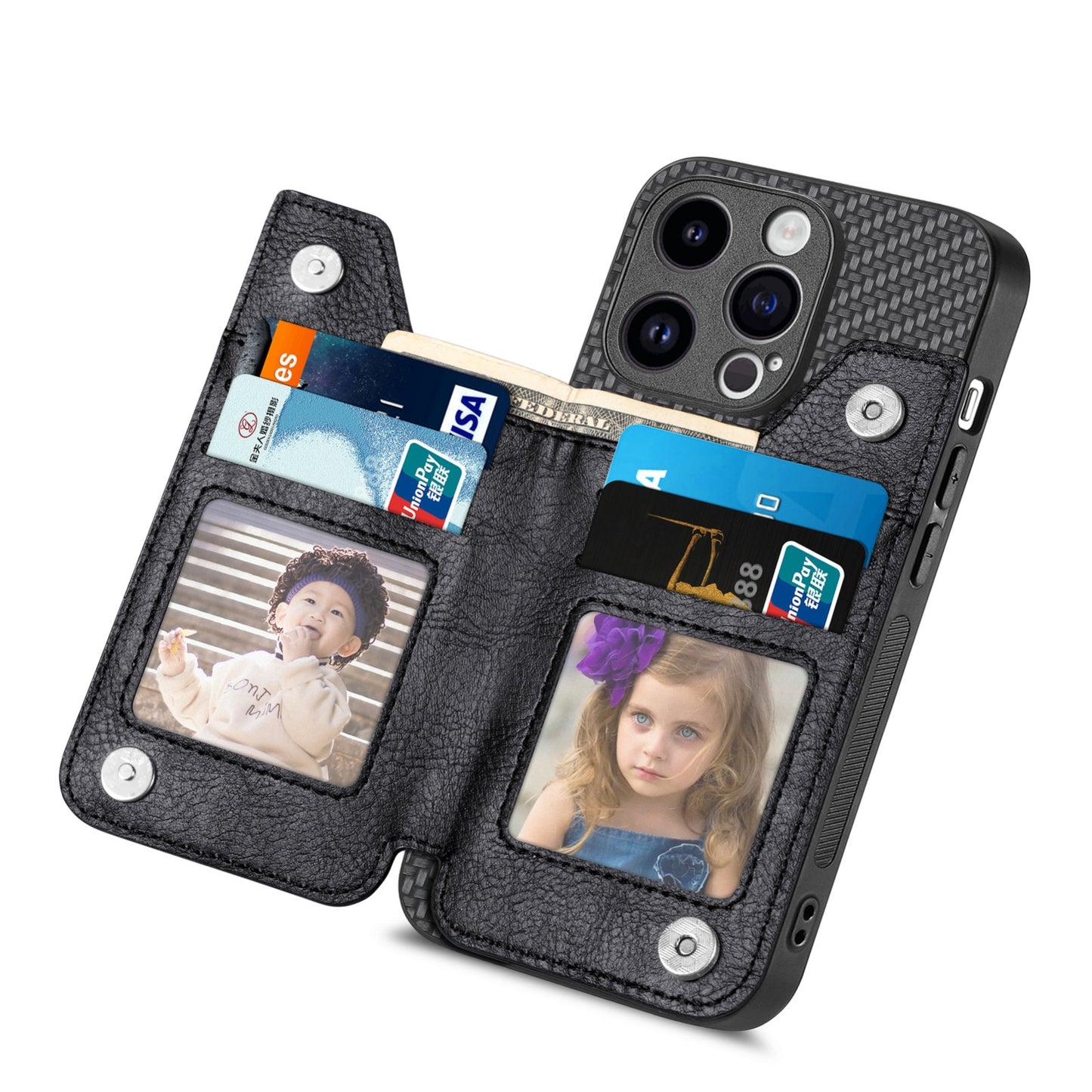 ELECTROPRIME For iPhone 15 Carbon Fiber Horizontal Flip Zipper Wallet Phone Case(Black)