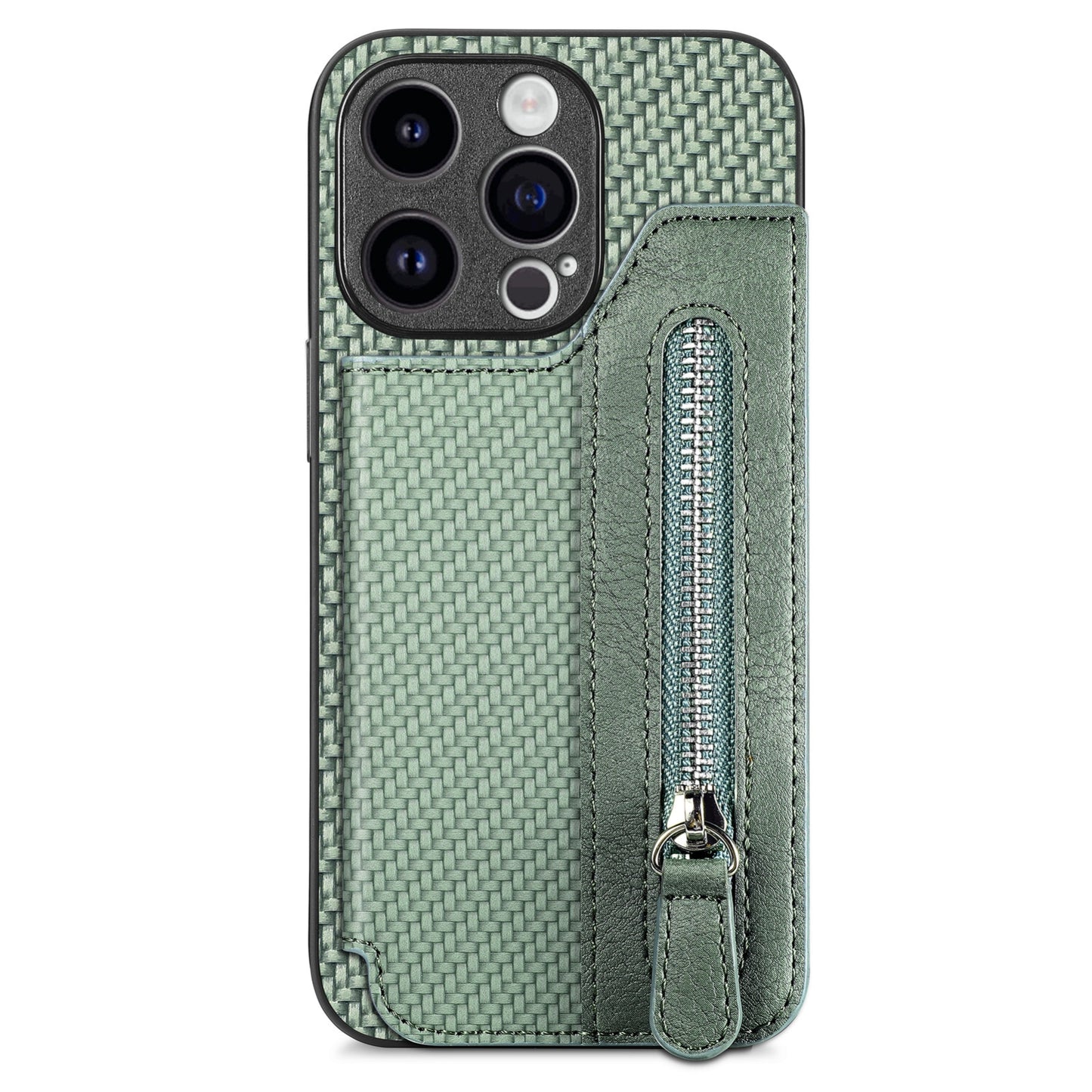 ELECTROPRIME For iPhone 15 Carbon Fiber Horizontal Flip Zipper Wallet Phone Case(Green)