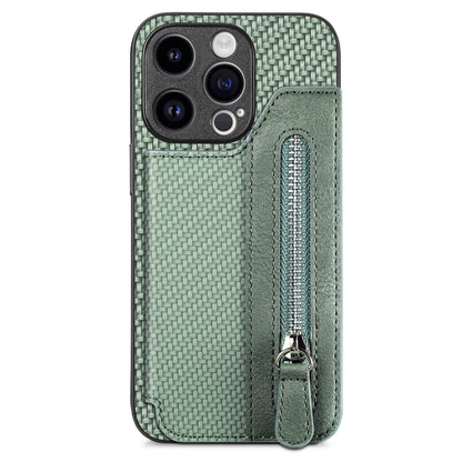 ELECTROPRIME For iPhone 15 Carbon Fiber Horizontal Flip Zipper Wallet Phone Case(Green)