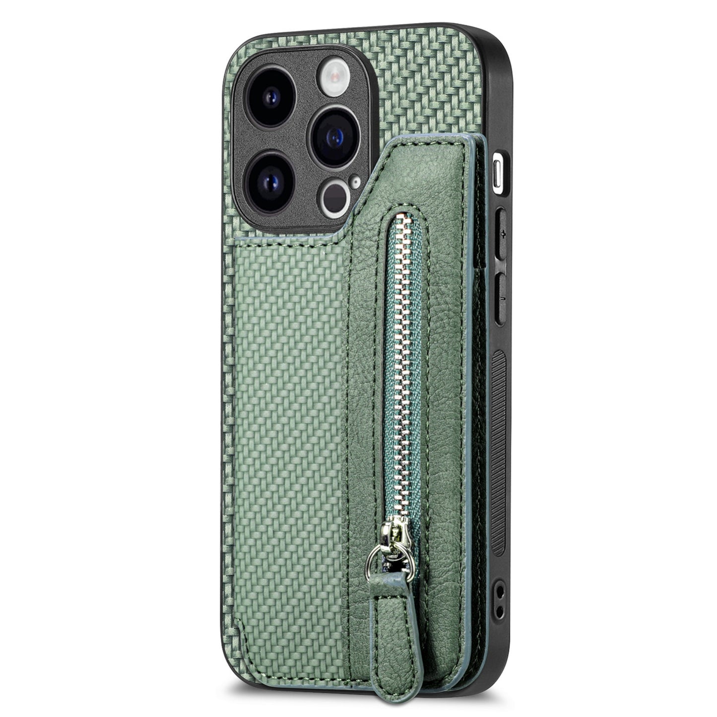 ELECTROPRIME For iPhone 15 Carbon Fiber Horizontal Flip Zipper Wallet Phone Case(Green)