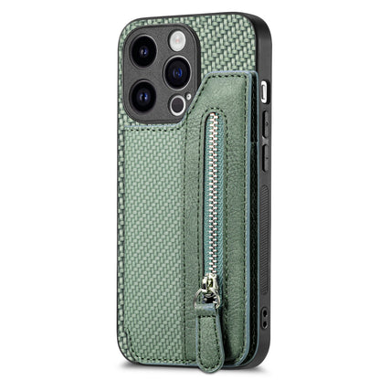 ELECTROPRIME For iPhone 15 Carbon Fiber Horizontal Flip Zipper Wallet Phone Case(Green)
