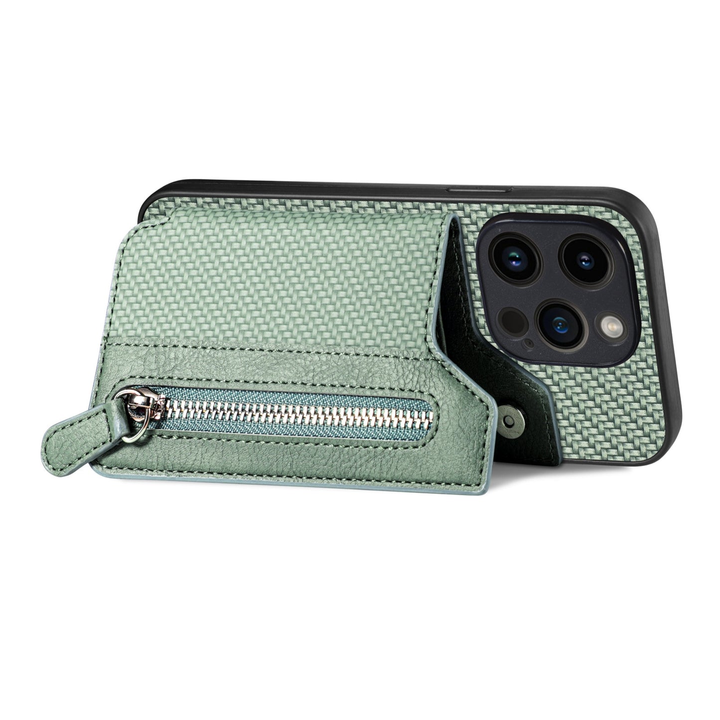 ELECTROPRIME For iPhone 15 Carbon Fiber Horizontal Flip Zipper Wallet Phone Case(Green)