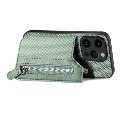 ELECTROPRIME For iPhone 15 Carbon Fiber Horizontal Flip Zipper Wallet Phone Case(Green)