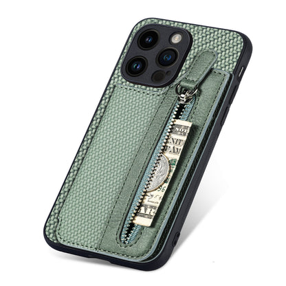 ELECTROPRIME For iPhone 15 Carbon Fiber Horizontal Flip Zipper Wallet Phone Case(Green)