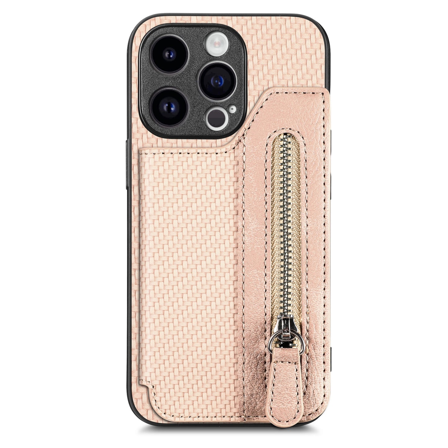 ELECTROPRIME For iPhone 15 Carbon Fiber Horizontal Flip Zipper Wallet Phone Case(Khaki)