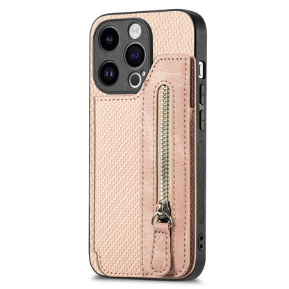 ELECTROPRIME For iPhone 15 Carbon Fiber Horizontal Flip Zipper Wallet Phone Case(Khaki)