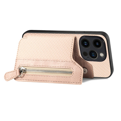 ELECTROPRIME For iPhone 15 Carbon Fiber Horizontal Flip Zipper Wallet Phone Case(Khaki)