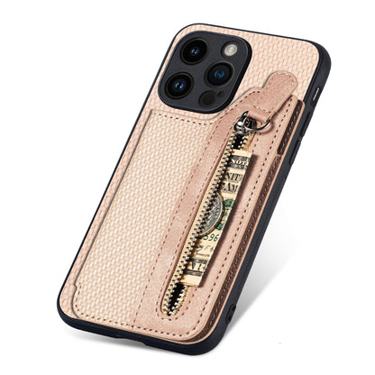 ELECTROPRIME For iPhone 15 Carbon Fiber Horizontal Flip Zipper Wallet Phone Case(Khaki)