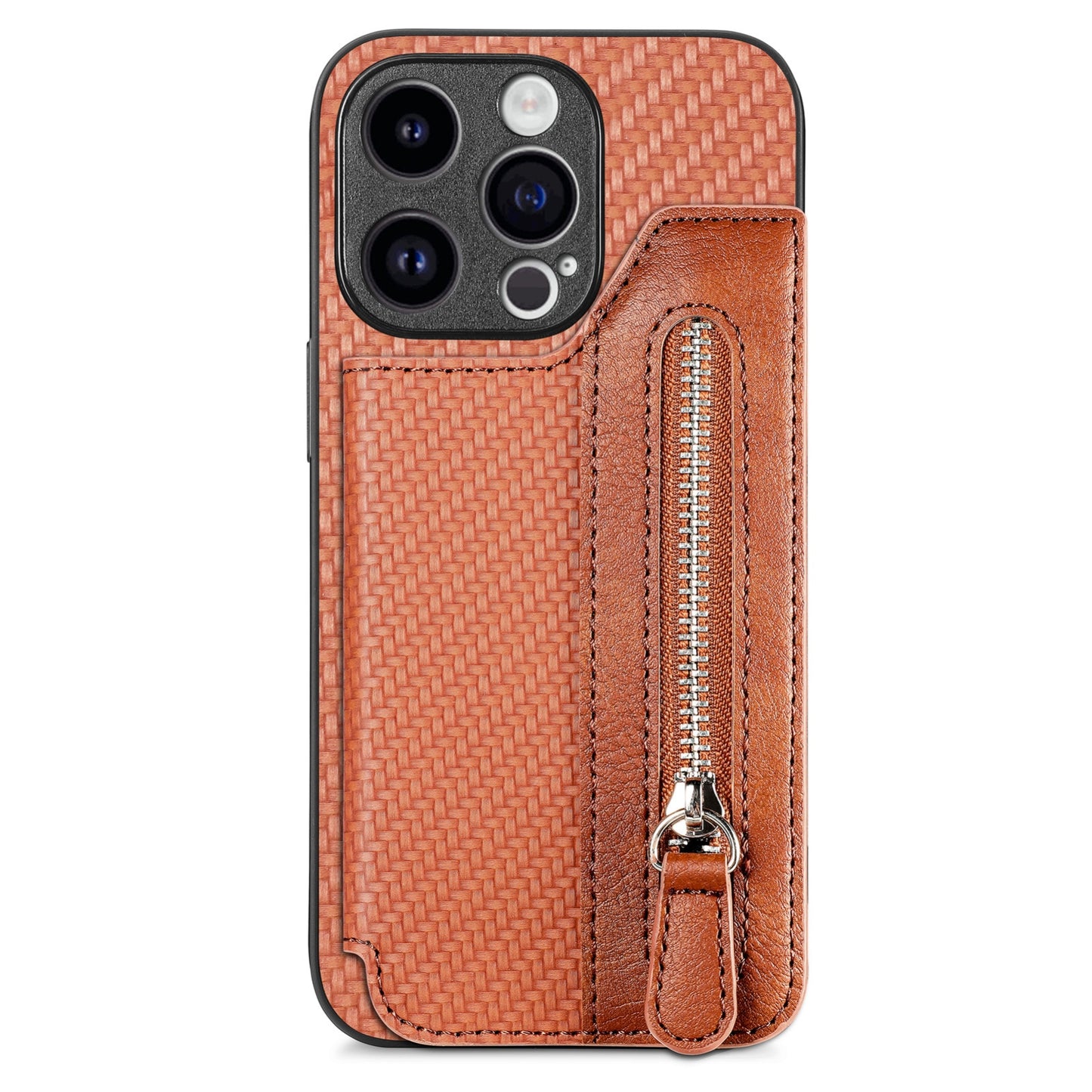 ELECTROPRIME For iPhone 15 Carbon Fiber Horizontal Flip Zipper Wallet Phone Case(Brown)