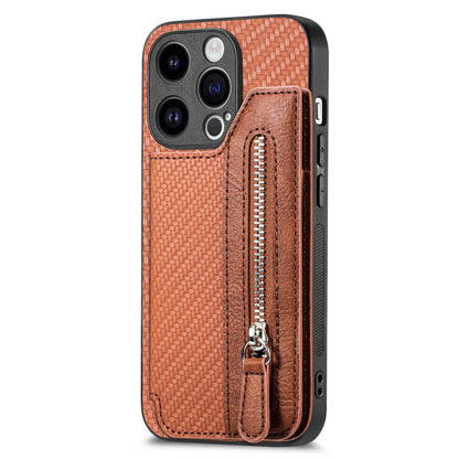 ELECTROPRIME For iPhone 15 Carbon Fiber Horizontal Flip Zipper Wallet Phone Case(Brown)