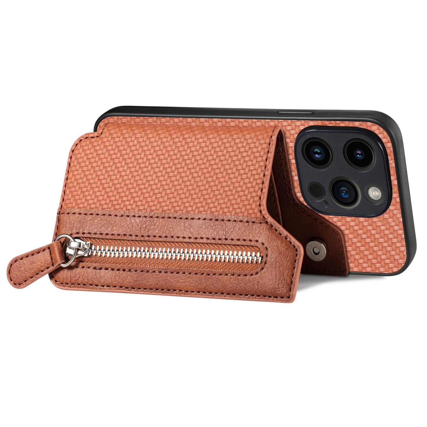 ELECTROPRIME For iPhone 15 Carbon Fiber Horizontal Flip Zipper Wallet Phone Case(Brown)