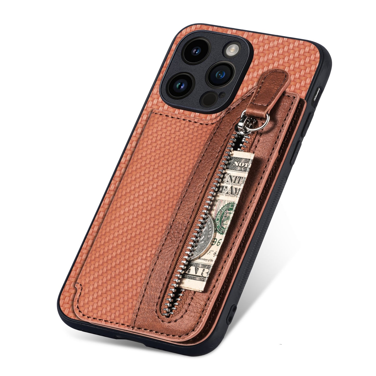 ELECTROPRIME For iPhone 15 Carbon Fiber Horizontal Flip Zipper Wallet Phone Case(Brown)