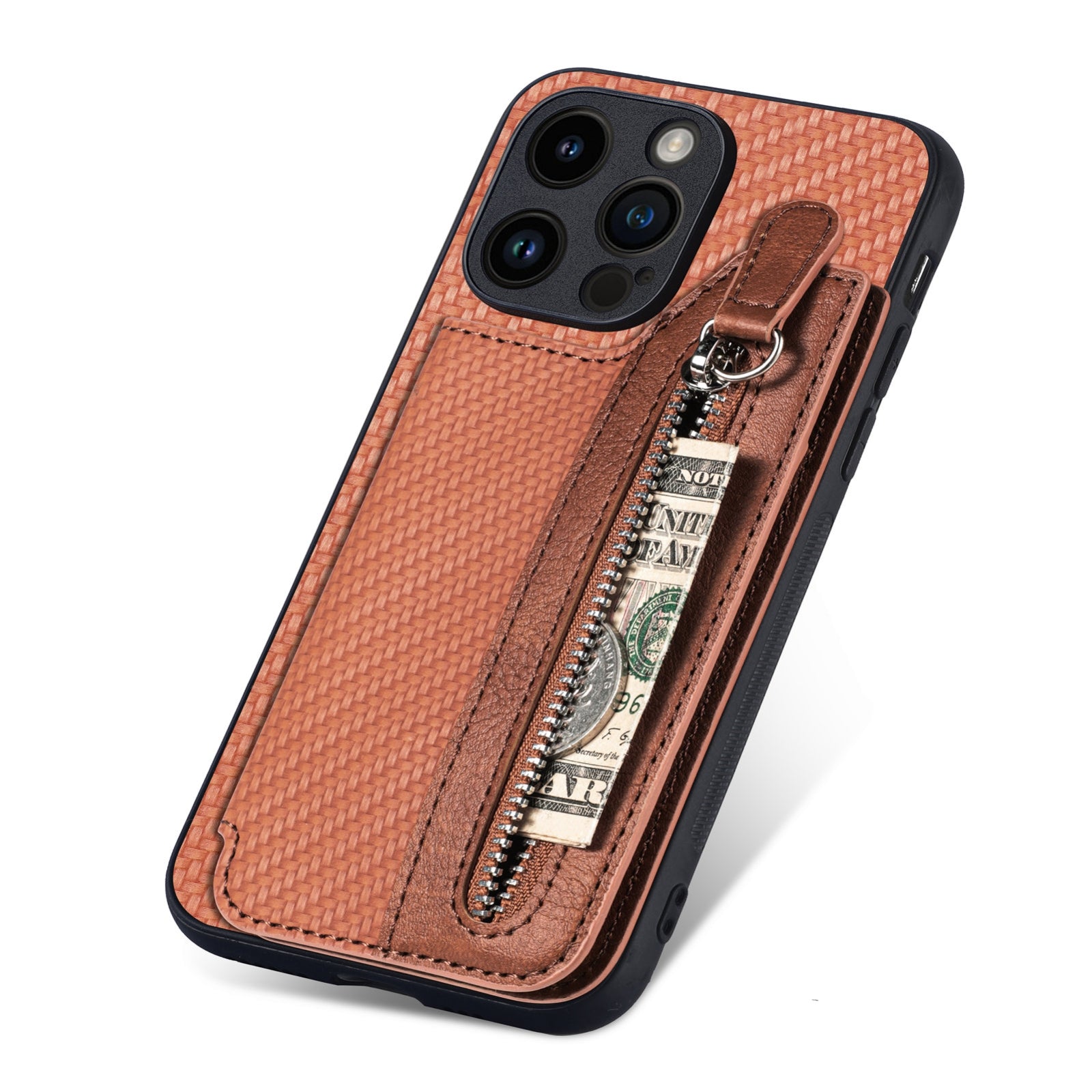 ELECTROPRIME For iPhone 15 Carbon Fiber Horizontal Flip Zipper Wallet Phone Case(Brown)