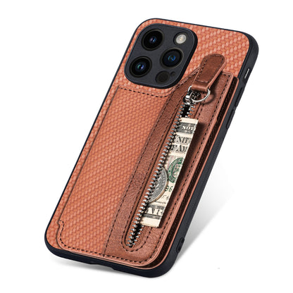 ELECTROPRIME For iPhone 15 Carbon Fiber Horizontal Flip Zipper Wallet Phone Case(Brown)