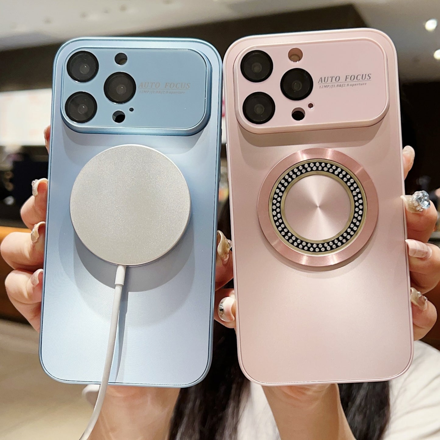 ELECTROPRIME For iPhone 15 Large Window Diamond Magnifier Magnetic Phone Case(Pink)