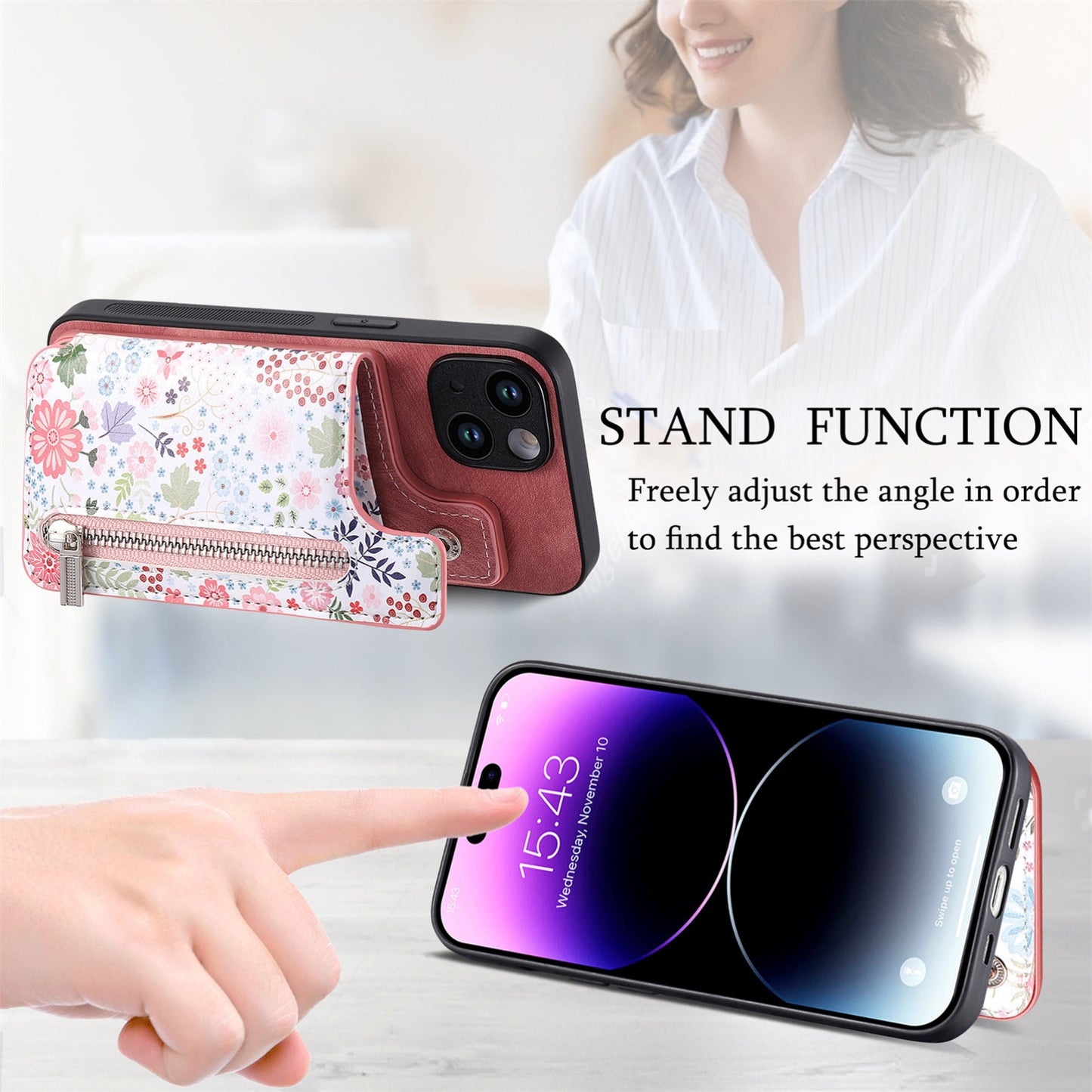 ELECTROPRIME For iPhone 15 Retro Painted Zipper Wallet Back Phone Case(pink)