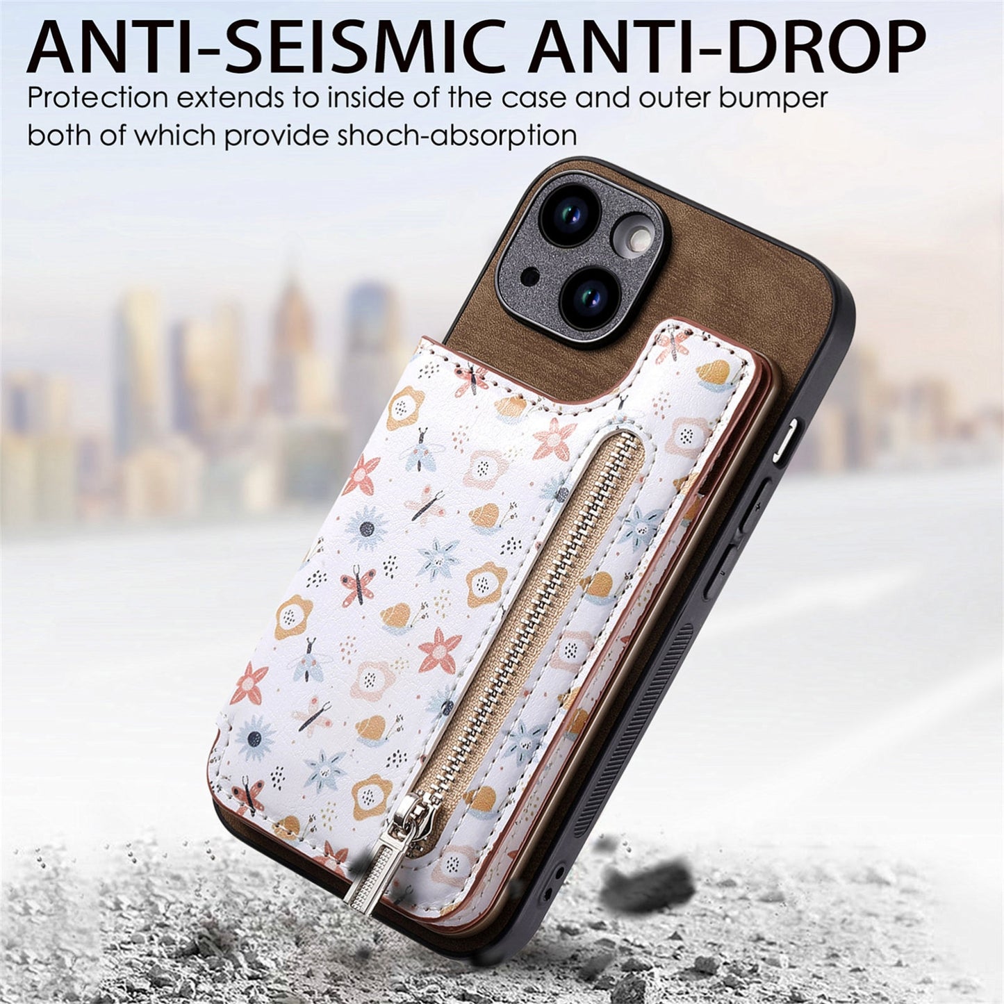 ELECTROPRIME For iPhone 15 Retro Painted Zipper Wallet Back Phone Case(Brown)
