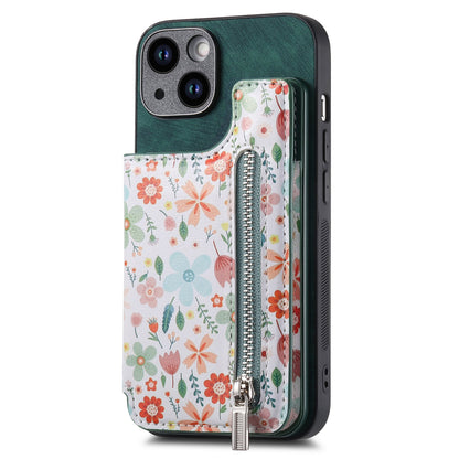 ELECTROPRIME For iPhone 15 Retro Painted Zipper Wallet Back Phone Case(Green)