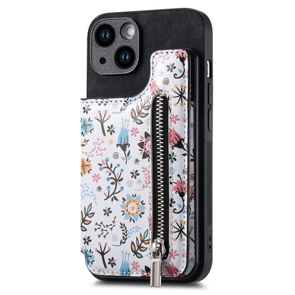 ELECTROPRIME For iPhone 15 Retro Painted Zipper Wallet Back Phone Case(Black)