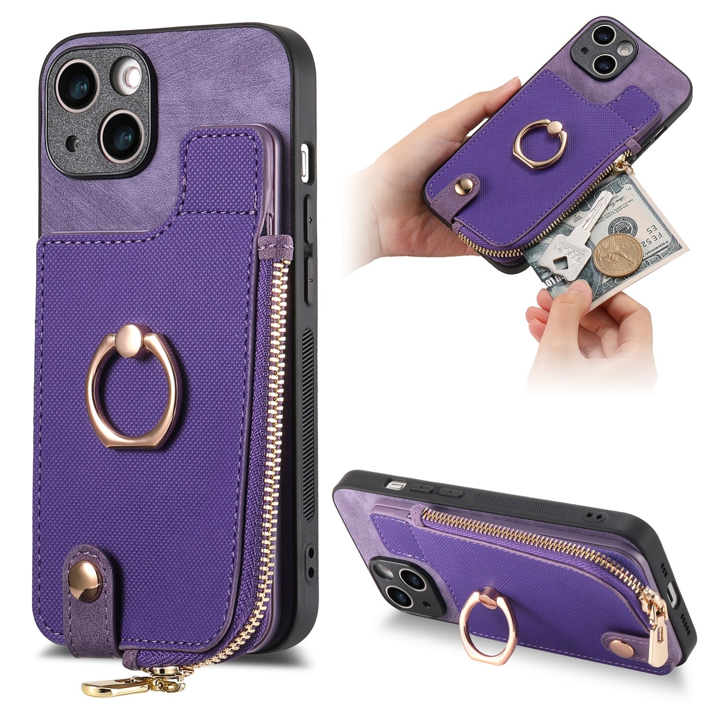 ELECTROPRIME For iPhone 15 Cross Leather Ring Vertical Zipper Wallet Back Phone Case(Purple)