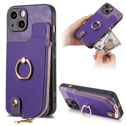 ELECTROPRIME For iPhone 15 Cross Leather Ring Vertical Zipper Wallet Back Phone Case(Purple)