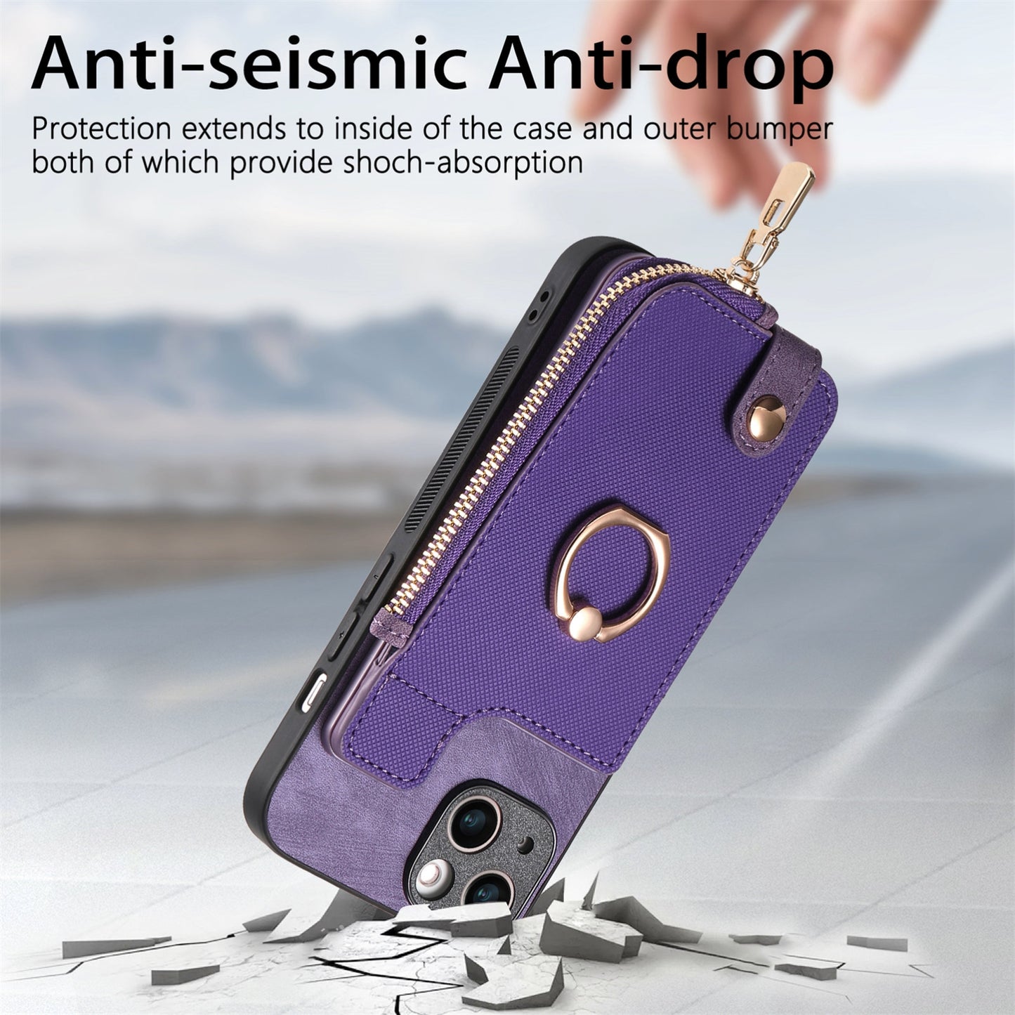 ELECTROPRIME For iPhone 15 Cross Leather Ring Vertical Zipper Wallet Back Phone Case(Purple)